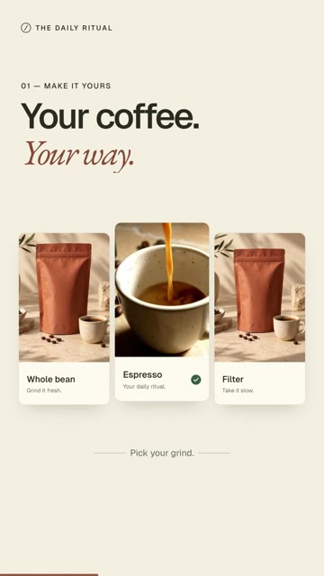 Coffee reel with Your coffee Your way and three product tiles