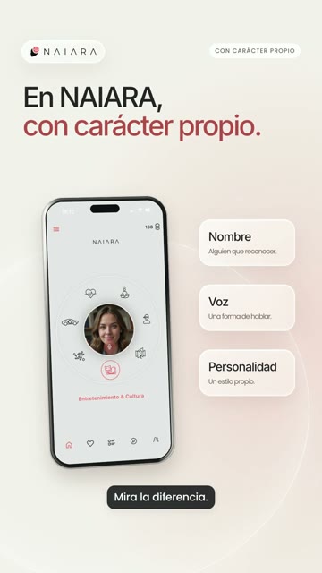NAIARA phone beside Nombre Voz Personalidad labels