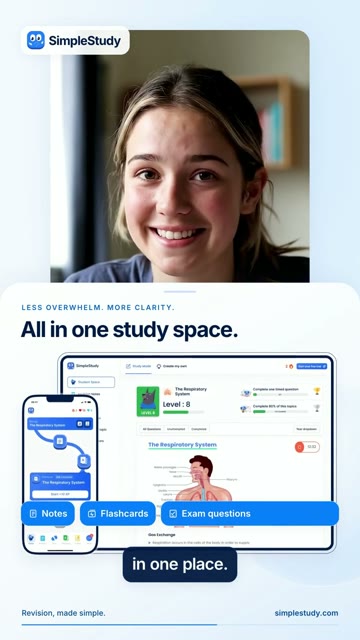 SimpleStudy interface on desktop and mobile with All in one study space headline