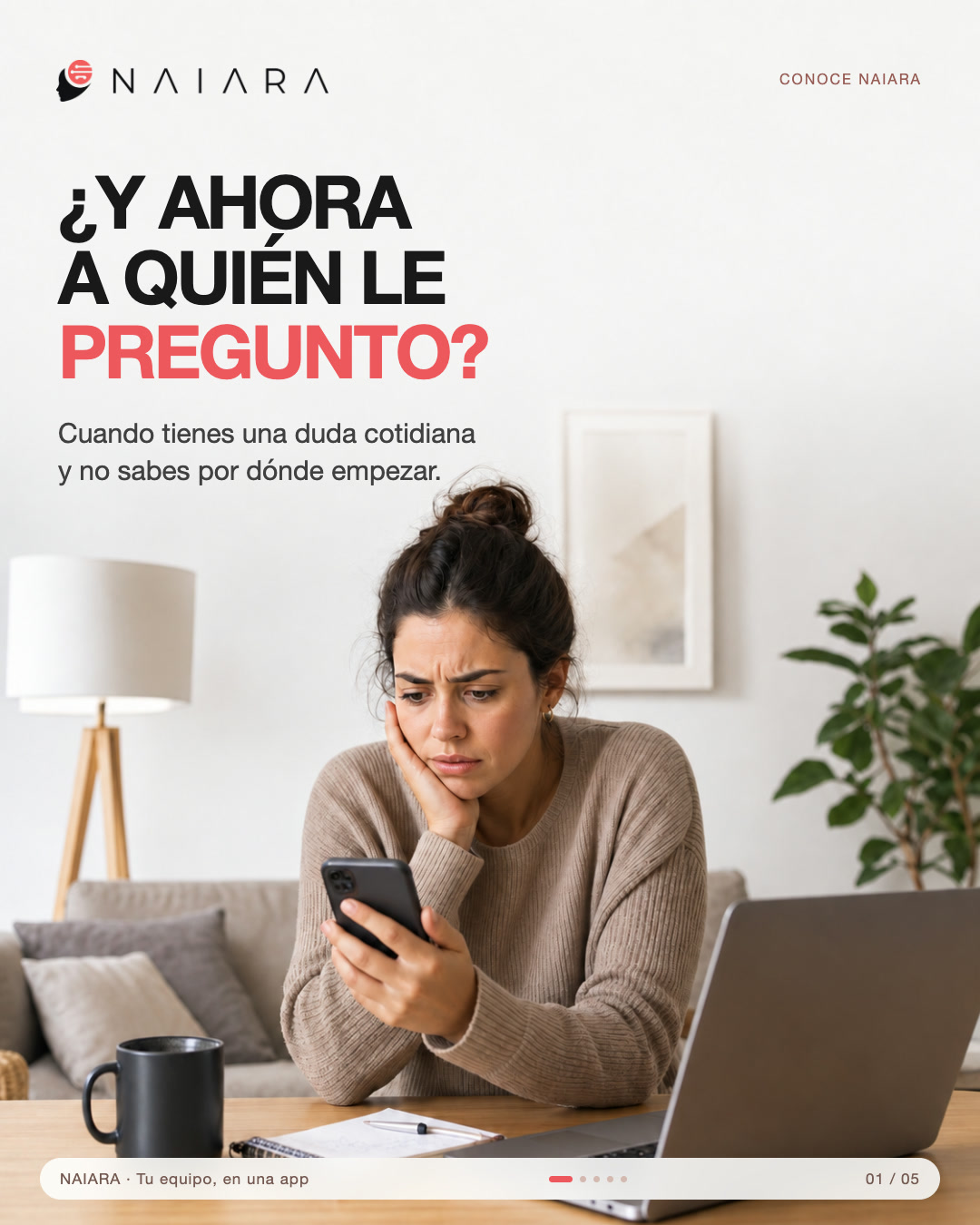 Slide 1 of 5: Who do I ask? An everyday question introduces NAIARA. Spanish original.