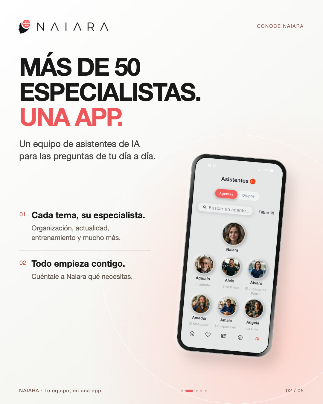 Slide 2 of 5: More than 50 specialists in one app. Spanish original.