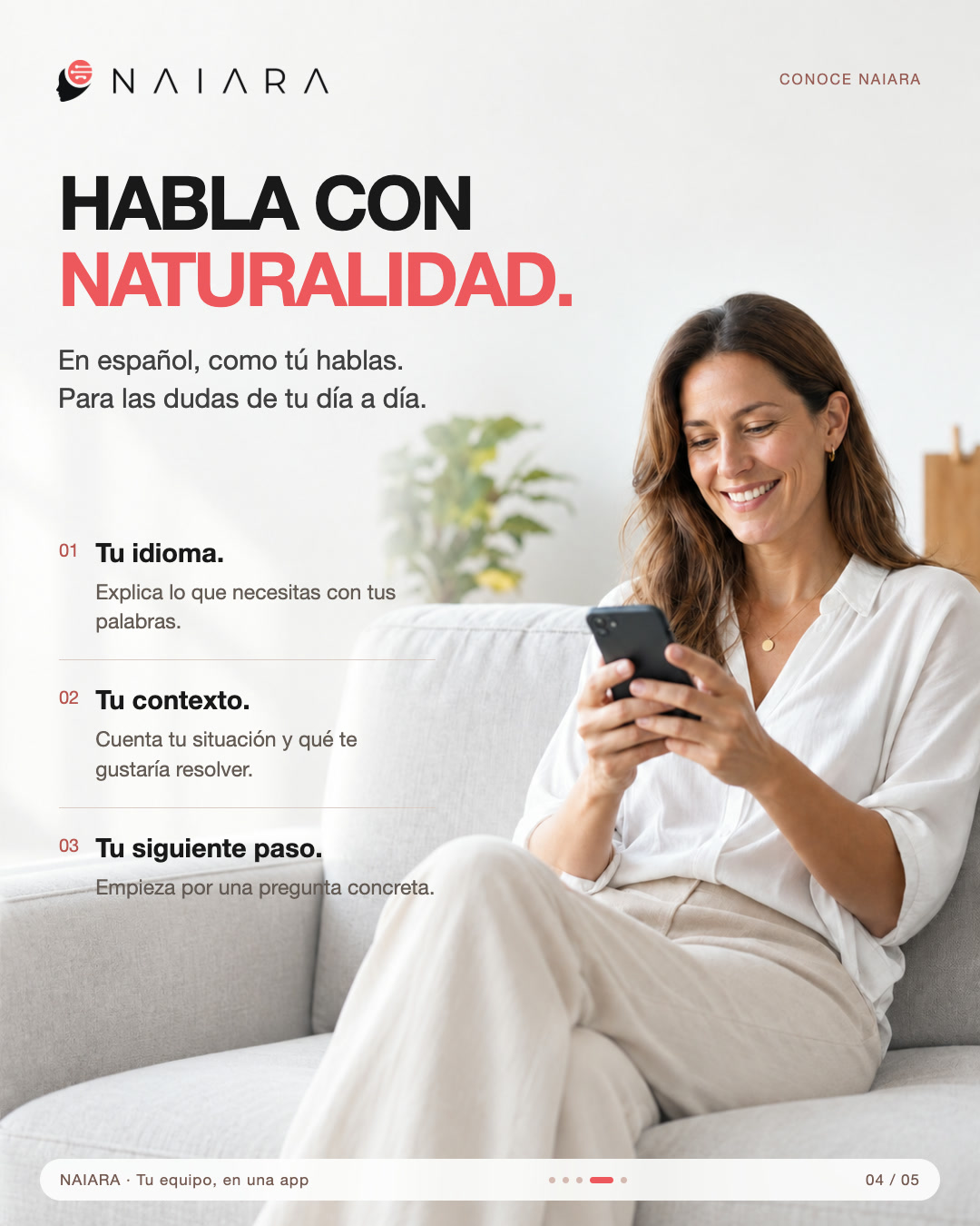 Slide 4 of 5: Speak naturally in Spanish, with your own context. Spanish original.