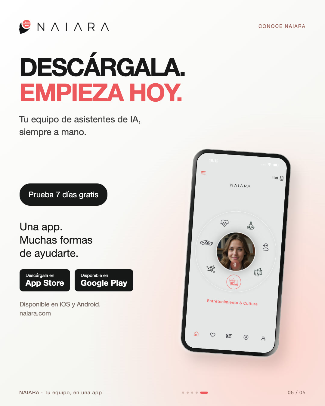 Slide 5 of 5: Download NAIARA and start your free trial. Spanish original.