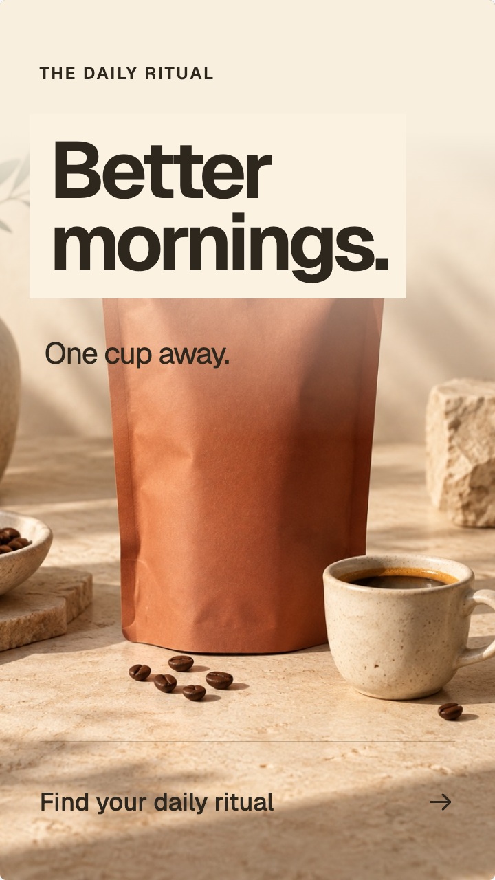 Version 2: headline panel overlaps the coffee pack image; supporting line and invitation sit over the photograph