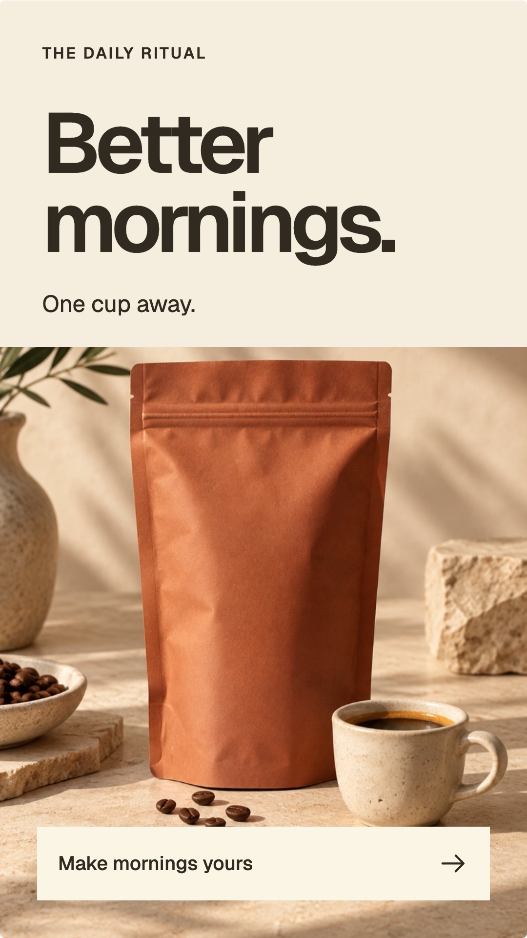 Finished coffee image ad with designed typography