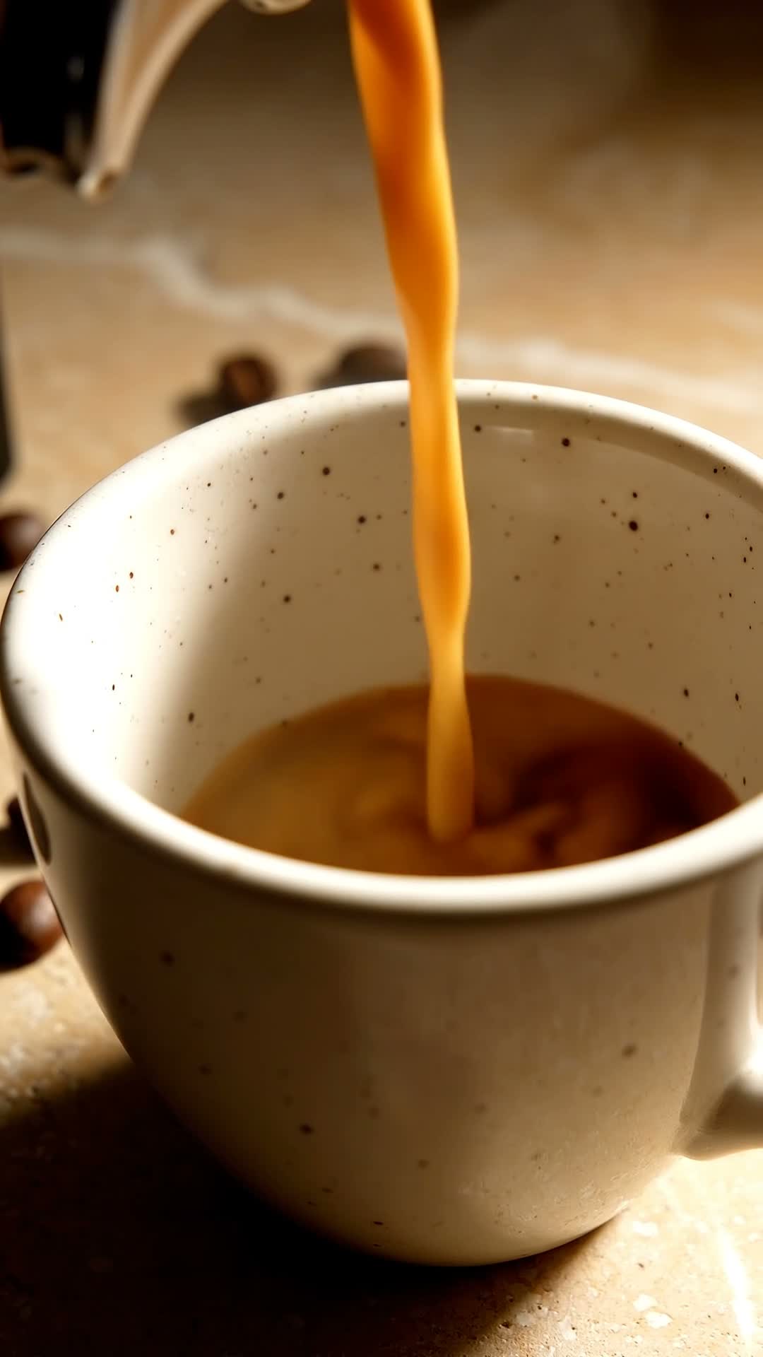 Fresh coffee pouring into a ceramic cup